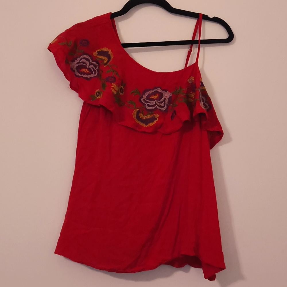 Flowy Red Top w/ Embroidered Flower Detail